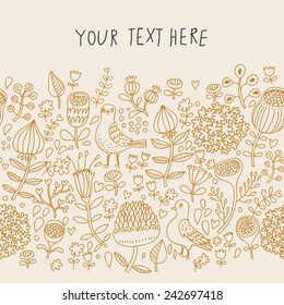 Stylish floral seamless pattern. Summer background in vector with cute birds. Romantic doodle background with elegant flowers and doves
