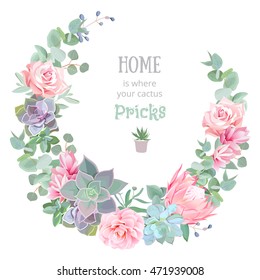 Stylish floral vector design round frame. Rose, camellia, pink flowers, echeveria, protea, eucalyptus leaves. Natural cactus card in modern funky style. All elements are isolated and editable.
