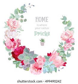 Stylish floral vector design round frame. Rose, camellia, peony flowers, echeveria, protea, eucalyptus leaves. Natural cactus card in modern funky style. All elements are isolated and editable.