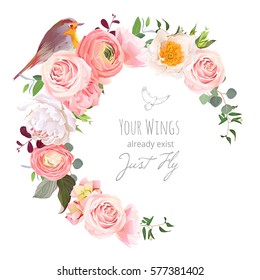 Stylish floral vector round frame with ranunculus, peony, rose, green plants and small robin bird on white. Peachy, white and yellow flowers. Crescent shape bouquet. All elements are editable.