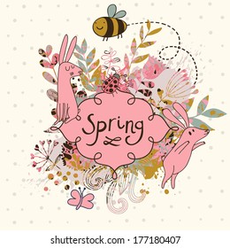 Stylish floral wedding invitation with cute rabbits. Nice vector card. Ideal for any types of invitation in retro style.