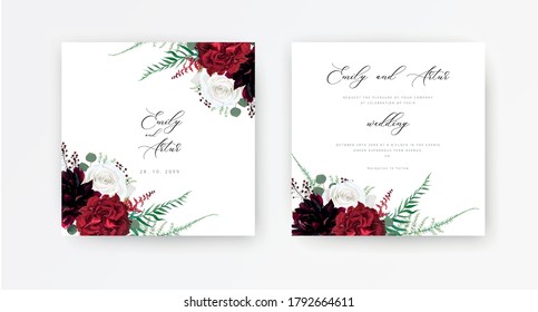 Stylish floral wedding invite, save the date cards. Burgundy dahlia, ivory white and red wine peony roses flowers, green asparagus fern leaves, astilbe, silver eucalyptus, berry, vector bouquet. Boho 