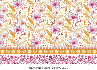 design elegante de flores e folhas em linha abstrata padrão floral sem emenda com borda para a decoração da casa, travesseiros e vestuário

