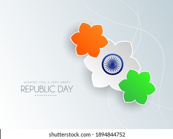 Stylish flower stickers in national tricolours with ashoka wheel for Indian Republic Day celebration.