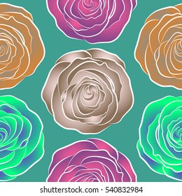 Stylish flowers print. Seamless tropical flower. Rose seamless pattern background in beige, blue and purple colors, retro botanical style.