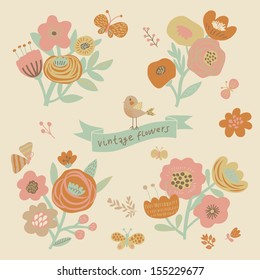 Flores elegantes en vector. Hermoso entorno floral de estilo vintage con hermosos pájaros y mariposas