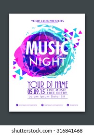 Stylish flyer, banner or template with colorful abstract design for Music Night Party celebration.