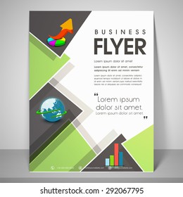 Stylish flyer design for business with image of pie graph, globe, address bar, place holder and mailer.