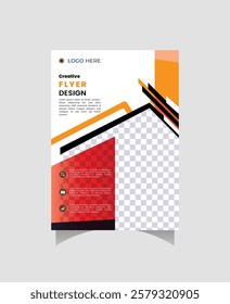 Stylish flyer design template featuring a bold orange and red color scheme with graphic elements and placeholders for text and images.