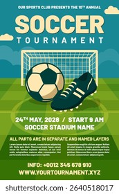 Stylish flyer promoting soccer tournament - soccer ball, shoe and vibrant green field backdrop with goal. Copy space for text. Vector illustration.