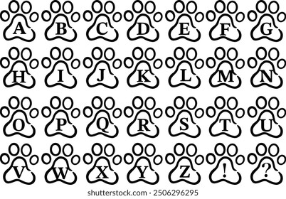 Stylish font and hand-drawn paw print alphabet illustration, black and white simple icon set
