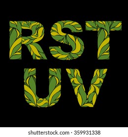 Stylish font with herbal ornament. Capital letters decorated with floral pattern. R, S, T, U, W, drop caps.