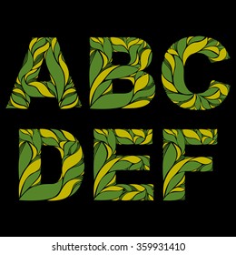 Stylish font with herbal ornament. Capital letters decorated with floral pattern, A, B, C, D, E, F, drop caps.