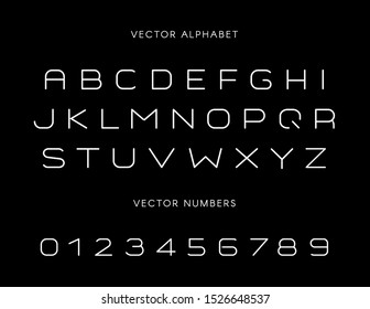 Stylish font with letters and numbers set. Trendy san serif uppercase symbols on black background. Elegant white alphabet. Stylish abc pack with numerals. Contemporary capital letters collection