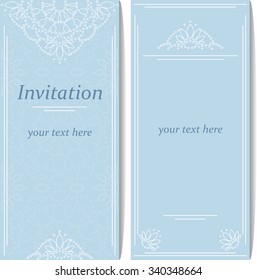 Stylish form text. Invitation. Delicate white lace on a blue background.