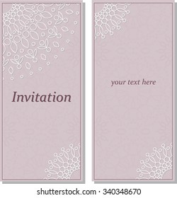 Stylish form text. Invitation. Delicate white lace on a purple background