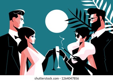 Stylish forties concept party vector illustration. Fashion man and woman in stylish clothes with glasses of champagne having fun time together flat style concept