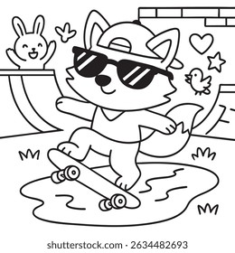 A stylish fox, clad in trendy sunglasses and a fashionable hat, is skillfully riding a skateboard down an exciting ramp