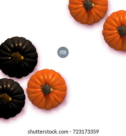 Stylish Frame background with black and natural Halloween pumpkin with copy space for text. Isolated on white background. Flat lay, top view. Vector illustration