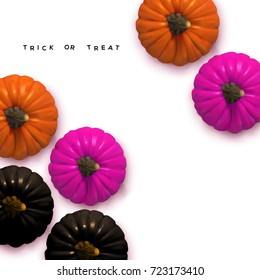 Stylish Frame background with black, natural and fashion purple Halloween pumpkin with trick or treat text. Isolated on white background. Flat lay, top view. Vector illustration