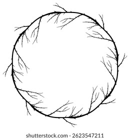 Stylish frame of blackthorn branches in a round silhouette. Perfect for posters and gothic designs.  Rosehip branches. Hand drawn vector illustration. 
