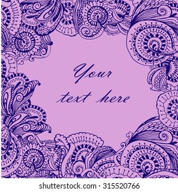 stylish frame with dark doodle patterns in oriental style on a light purple background