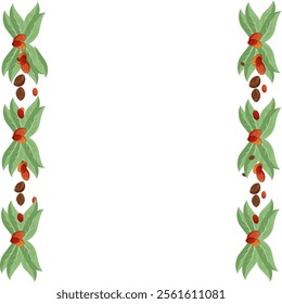Stylish frame featuring coffee beans and delicate green plant leaves along the sides. A minimal vector illustration isolated on a white background, perfect for coffee-themed designs, branding