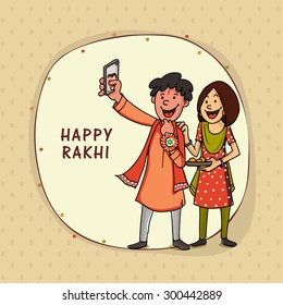 Stylish frame with illustration of happy brother and sister taking selfie after celebrating Raksha Bandhan festival.