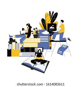 Stylish frame for the text on the topic of education. training young people to gain knowledge from books and the Internet. design composition online students. Characters flat cartoon illustrations.