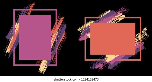 Stylish frames with paint brush strokes vector set. Box borders with painted brushstrokes on black. Advertising graphics design flat frame templates for banners, flyers, posters, cards.