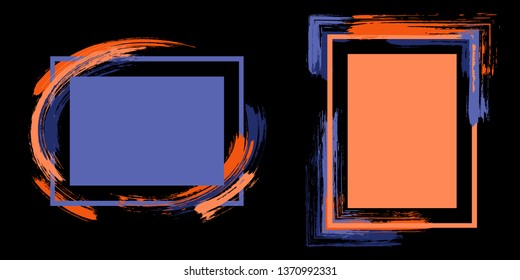 Stylish frames with paint brush strokes vector collection. Box borders with painted brushstrokes on black. Advertising graphics design flat frame templates for banners, flyers, posters, cards.