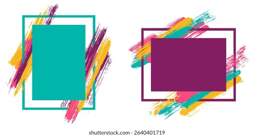Stylish frames with paint brush strokes vector collection. Box borders with painted brushstrokes backgrounds. Advertising graphics design empty frame templates for banners, flyers, posters, cards.