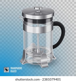 Stylish french press pot made of glass bulb in stainless body with black handle. Perfect for brewing tea or coffee. Isolated on transparent background