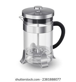 Stylish french press pot made of glass bulb in stainless body with black handle. Perfect for brewing tea or coffee. Isolated on white background