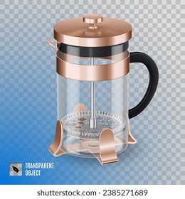 Stylish french press pot made of glass bulb in copper body with black handle. Perfect for brewing tea or coffee. Isolated on transparent background