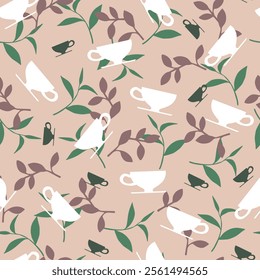 Stylish Fresh Herbal Teacup Pattern for Tea Lover. Perfect for tea lovers and ideal for branding, packaging, fabric prints, wallpapers, and more. Versatile addition to tea-themed or nature-inspired.