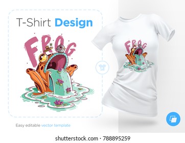 Stylish frog with bird on head. Prints on T-shirts, sweatshirts, cases for mobile phones, souvenirs. Isolated vector illustration on white background.