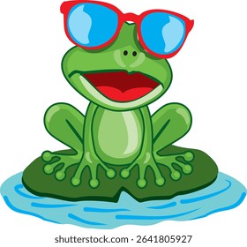Stylish frog character wearing sunglasses, giving a confident and relaxed pose. Great for summer-themed projects, t-shirt designs, and kids graphics. EPS 10 vector.