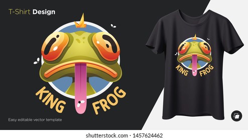 Stylish frog with crown on head. Prints on T-shirts, sweatshirts, cases for mobile phones, souvenirs. Isolated vector illustration on black background.