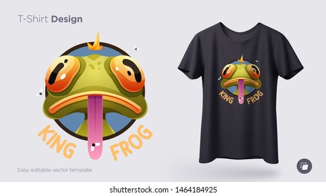 Stylish frog with crown on head. Prints on T-shirts, sweatshirts, cases for mobile phones, souvenirs. Isolated vector illustration on white background.