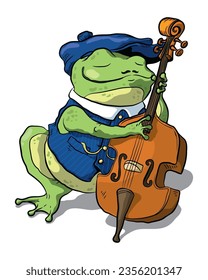 Stylish frog with tiny moustache playing jazz on contrabass 