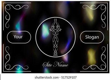 Stylish front page design for a sliding model website . Artsy logotype of standing women with lettering slogan and website name.