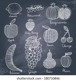 Stylish fruit and berries set in vector. Lemon, redcurrant, apple, strawberry, banana, grape, pomegranate, peach, cherry, pear and plum.  Tasty card in cartoon style