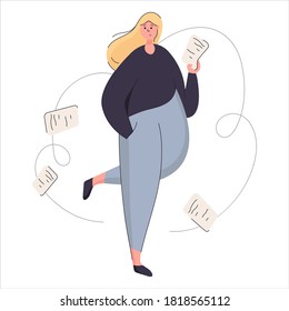 Stylish full female student flat vector illustration. Young girl with documents over white background with education concept.