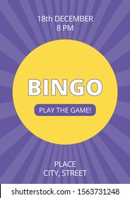 Stylish fun bingo poster with glowing purple background. Bright flyer, card or banner for fun lottery party. Vector illustration