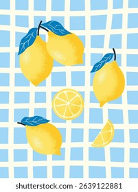Stylish fun lemon poster with whole fruits and slices placed on soft blue geometric textile background. Ideal for kitchen prints, fabric designs or summery packaging. Vector illustration