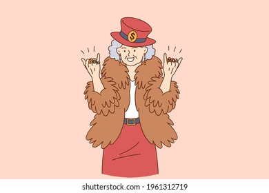 Stylish funny elderly people concept. Happy Grandmother in hipster coat hat with rings on fingers cartoon character standing feeling cool and positive lifestyle vector illustration 