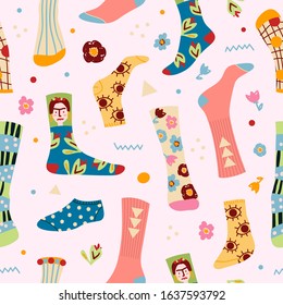 Stylish funny socks pattern and different textures  seamless background  Fun minimalistic pattern and clothes Print trendy male   female legs in different colorful socks  vector illustration 