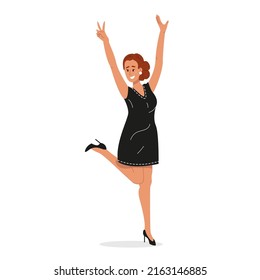 Stylish funny young woman wearing elegant little black dress. Happy smiling laughing girl standing in fun pose. Prom event party people. Flat cartoon vector illustration isolated on white background