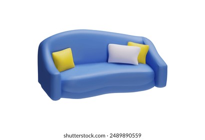 Stylish furniture design. The 3D vector illustration shows a modern blue sofa with a rounded back and square decorative pillows, suitable for use in interior design.